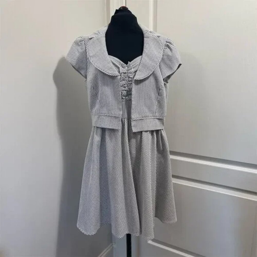 Nine West Women's Striped Dress with Jacket Size 12 blue and white seersucker